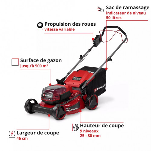 Tondeuse à gazon sans fil autotractée - GC-CM 36/46 S Li BL - 36 V Twin-Pack - Largeur de coupe 46 cm - 2 batteries 4,0 Ah - EINHELL 