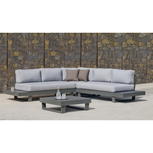 Salon de jardin Sofa Corner - MENFIS-7 LUX - Aluminium anthracite - Coussins tissu Cloud gris clair - 4 à 6 places - HEVEA
