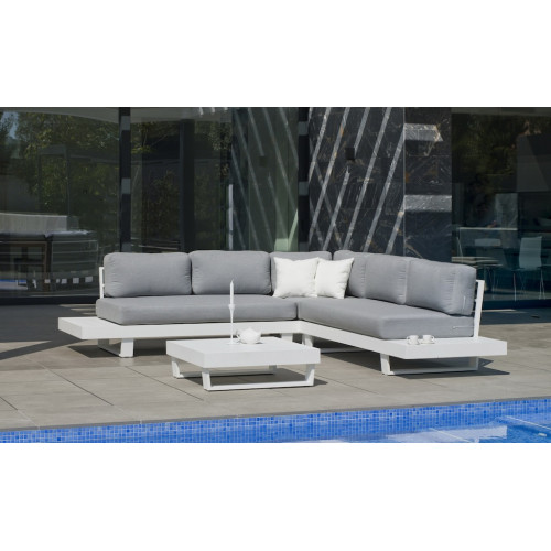 Salon de jardin Sofa Corner - MENFIS-7 LUX - Aluminium blanc - Coussins tissu Cloud gris clair - 4 à 6 places - HEVEA