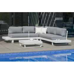 Salon de jardin Sofa Corner - MENFIS-7 LUX - Aluminium blanc - Coussins tissu Cloud gris clair - 4 à 6 places - HEVEA