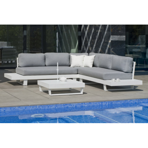 Salon de jardin Sofa Corner - MENFIS-7 LUX - Aluminium blanc - Coussins tissu Cloud gris clair - 4 à 6 places - HEVEA