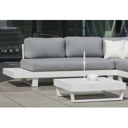 Salon de jardin Sofa Corner - MENFIS-7 LUX - Aluminium blanc - Coussins tissu Cloud gris clair - 4 à 6 places - HEVEA