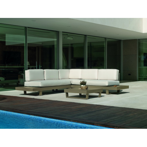 Salon de jardin Sofa Corner - MENFIS-7 LUX - Aluminium champagne - Coussins tissu Liso blanc - 4 à 6 places - HEVEA