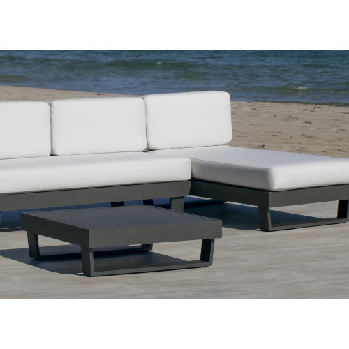 Salon de jardin Sofa Corner avec méridienne - MENFIS-99 LUX - Aluminium anthracite - Coussins tissu Liso blanc - 4 à 6 places - HEVEA