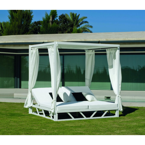 Balinaise bain de soleil double - BALINESA-210-C-CORTINAS-LUX - Aluminium blanc - Rideaux et toit textilène - 2 places - HEVEA