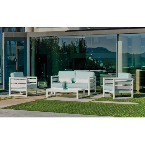Salon de jardin - COSMOS-7 LUX - Aluminium blanc - Coussins tissu Artic bleu clair - 4 à 5 places - HEVEA