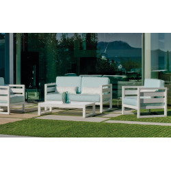 Salon de jardin - COSMOS-7 LUX - Aluminium blanc - Coussins tissu Artic bleu clair - 4 à 5 places - HEVEA
