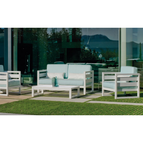 Salon de jardin - COSMOS-7 LUX - Aluminium blanc - Coussins tissu Artic bleu clair - 4 à 5 places - HEVEA
