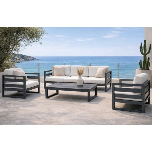 Salon de jardin - COSMOS-8 LUX - Aluminium anthracite - Coussins tissu Liso blanc - 4 à 6 places - HEVEA
