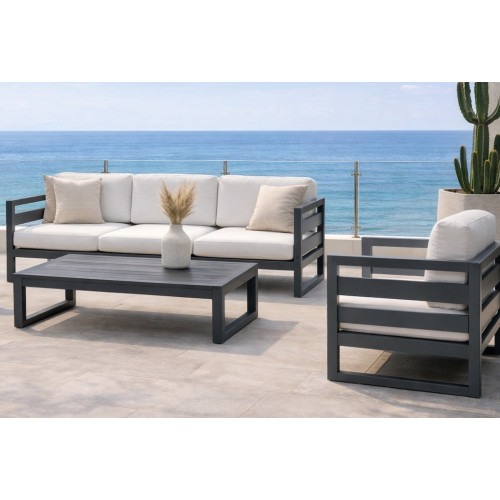 Salon de jardin - COSMOS-8 LUX - Aluminium anthracite - Coussins tissu Liso blanc - 4 à 6 places - HEVEA