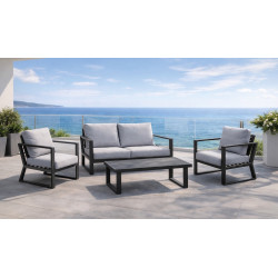 Salon de jardin - BOLONIA-7 LUX - Aluminium anthracite - Table basse bois - Coussins tissu Cloud gris clair - 4 à 5 places de marque HEVEA, référence: J9459100