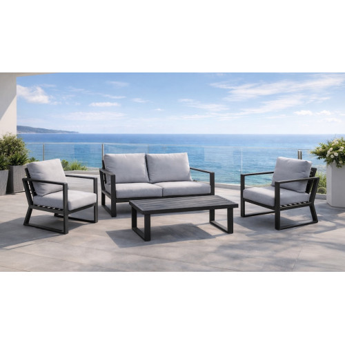 Salon de jardin - BOLONIA-7 LUX - Aluminium anthracite - Table basse bois - Coussins tissu Cloud gris clair - 4 à 5 places - HEVEA