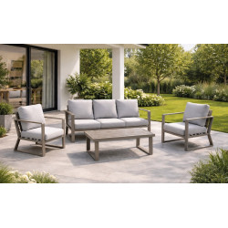 Salon de jardin – BOLONIA-8 LUX – Aluminium champagne – Table basse bois – Coussins tissu Cloud gris clair – 4 à 6 places de marque HEVEA, référence: J9459200