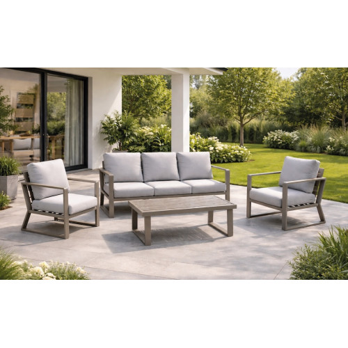 Salon de jardin – BOLONIA-8 LUX – Aluminium champagne – Table basse bois – Coussins tissu Cloud gris clair – 4 à 6 places - HEVEA