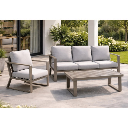 Salon de jardin – BOLONIA-8 LUX – Aluminium champagne – Table basse bois – Coussins tissu Cloud gris clair – 4 à 6 places - HEVEA
