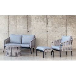 Salon de jardin avec corde – YINA-9 LUX – Aluminium anthracite – Corde grise – Coussins tissu Cloud gris clair – 4 à 6 places - HEVEA