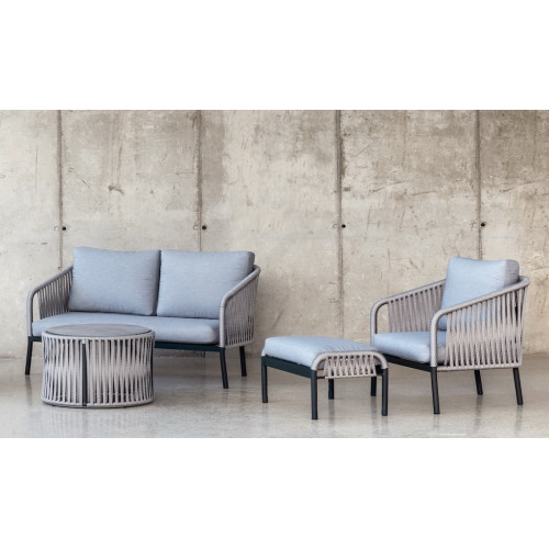 Salon de jardin avec corde – YINA-9 LUX – Aluminium anthracite – Corde grise – Coussins tissu Cloud gris clair – 4 à 6 places - HEVEA