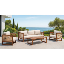 Salon de jardin – MARIET-8 SET SOFA 3 LUX – Aluminium marron/melocoton – Coussins tissu Liso blanc – 4 à 6 places de marque HEVEA, référence: J9459600