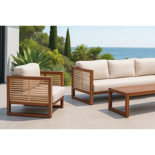 Salon de jardin – MARIET-8 SET SOFA 3 LUX – Aluminium marron/melocoton – Coussins tissu Liso blanc – 4 à 6 places - HEVEA