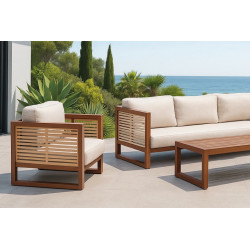 Salon de jardin – MARIET-7 SET SOFA 2 LUX – Aluminium marron/melocoton – Coussins tissu Liso blanc – 4 à 5 places - HEVEA