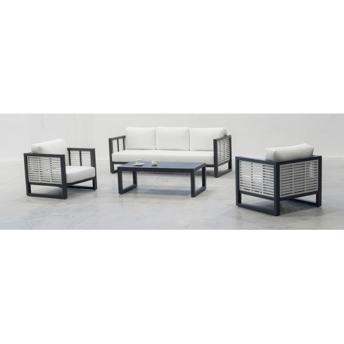 Salon de jardin – MARIET-8 SET SOFA 3 LUX – Aluminium anthracite/blanc – Coussins tissu Liso blanc – 4 à 6 places - HEVEA
