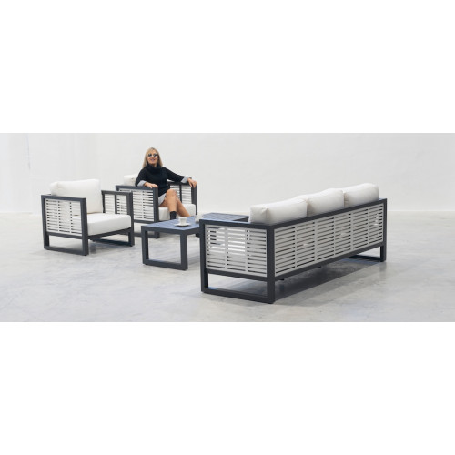 Salon de jardin – MARIET-8 SET SOFA 3 LUX – Aluminium anthracite/blanc – Coussins tissu Liso blanc – 4 à 6 places - HEVEA