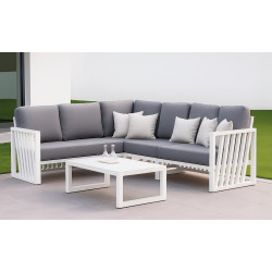 Salon de jardin Sofa Corner – ABIGEIL-28 SET RINCONERA LUX – Aluminium blanc – Coussins tissu Madelem gris foncé – 4 à 6 places de marque HEVEA, référence: J9459900