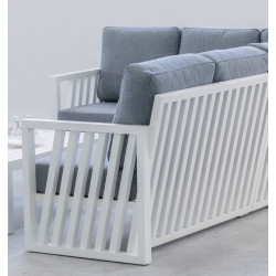 Salon de jardin Sofa Corner – ABIGEIL-28 SET RINCONERA LUX – Aluminium blanc – Coussins tissu Madelem gris foncé – 4 à 6 places - HEVEA