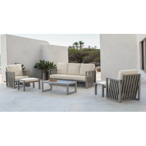 Salon de jardin – ABIGEIL-8 SET SOFA 3 PLAZAS LUX – Aluminium finition champagne – Coussins tissu Marfil beige – 4 à 6 places - HEVEA