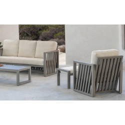 Salon de jardin – ABIGEIL-8 SET SOFA 3 PLAZAS LUX – Aluminium finition champagne – Coussins tissu Marfil beige – 4 à 6 places - HEVEA