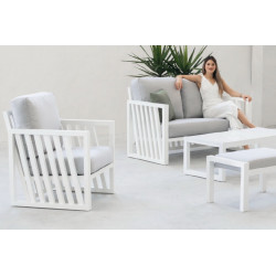 Salon de jardin – ABIGEIL-7+1 SET SOFA 2 PLAZAS LUX – Aluminium finition blanc – Coussins tissu Cloud gris clair – 4 à 5 places - HEVEA