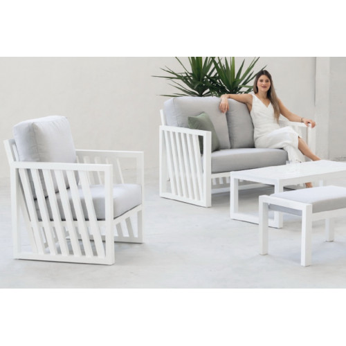 Salon de jardin – ABIGEIL-7+1 SET SOFA 2 PLAZAS LUX – Aluminium finition blanc – Coussins tissu Cloud gris clair – 4 à 5 places - HEVEA