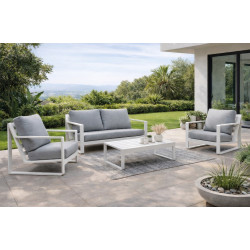 Salon de jardin sofa – ALELI-7 LUX – Aluminium finition blanc – Coussins tissu Cloud gris clair – 4 à 5 places de marque HEVEA, référence: J9460200