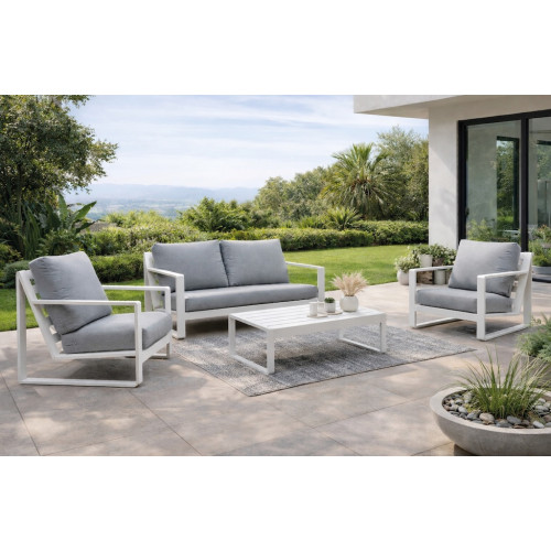 Salon de jardin sofa – ALELI-7 LUX – Aluminium finition blanc – Coussins tissu Cloud gris clair – 4 à 5 places - HEVEA