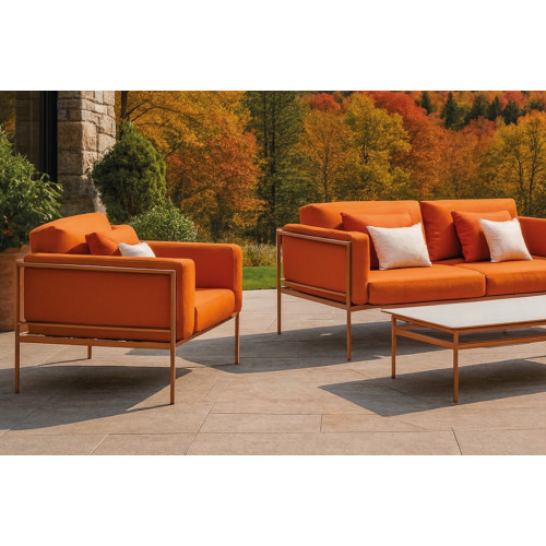 Salon de jardin sofa – ANDROS-7 COUSSIN LUX – Aluminium finition madera tropical – Coussins tissu terracota – 4 à 5 places - HEVEA