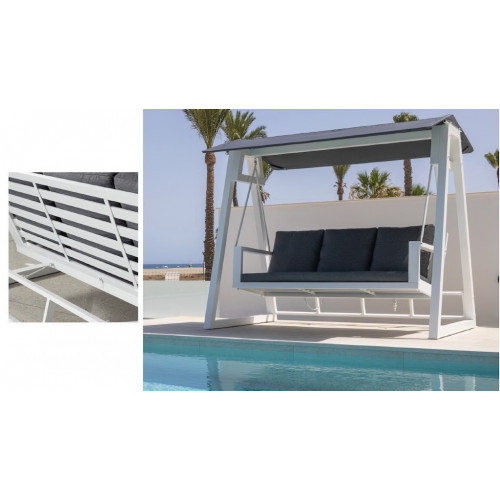 Balancelle de jardin TEO XL LUX – Aluminium finition blanc – Coussin tissu AZALEA – 3 places - HEVEA