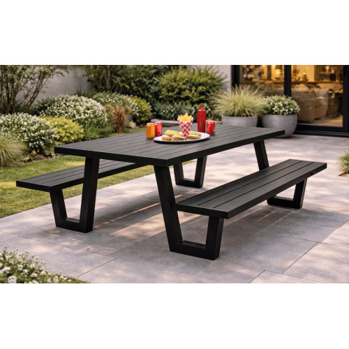 Table et bancs de jardin YULIEN – Aluminium finition anthracite – 6 à 8 places - HEVEA
