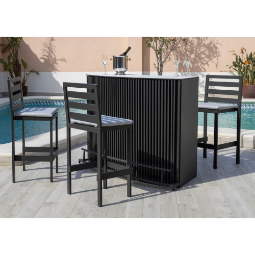 Bar de jardin DANTEL + 3 tabourets MARIBOR – Aluminium finition anthracite – Coussins LUX gris clair - HEVEA