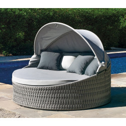 Lit de jardin rond double avec pare-soleil – TENERIFE-15 LUX – Aluminium anthracite et corde grise – Coussins gris clair de marque HEVEA, référence: J9461100