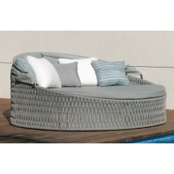 Lit de jardin rond double avec pare-soleil – TENERIFE-15 LUX – Aluminium anthracite et corde grise – Coussins gris clair - HEVEA