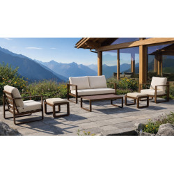 Salon de jardin sofa aluminium – DESIRA-7 LUX MESA120 – Marron – Coussins Marfil beige – 4 à 5 places de marque HEVEA, référence: J9461400