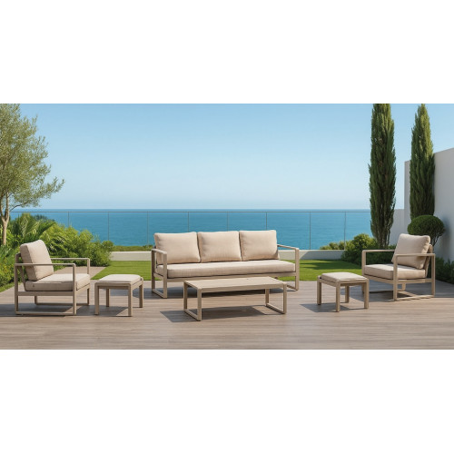Salon de jardin sofa aluminium – DESIRA-8 LUX – Finition Nude – Coussins Rosini beige foncé – 4 à 6 places - HEVEA