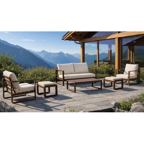 Salon de jardin sofa aluminium – DESIRA-9 LUX MESA120 – Finition marron – Coussins Marfil beige – 4 à 7 places - HEVEA