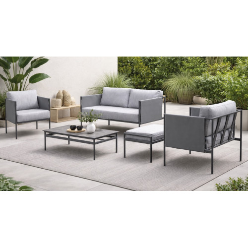 Salon de jardin sofa aluminium – LUBLIAN-7+1 LUX – Finition anthracite avec plateau HPL Argenta – Coussins Cloud gris clair – 4  - HEVEA