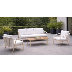 Salon de jardin sofa aluminium et corde – MELBOURNE-8 LUX – Finition mélocoton avec corde blanche et plateau HPL Maderma – Couss de marque HEVEA, référence: J9462100