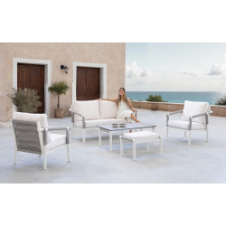Salon de jardin sofa aluminium et corde – MERLOT-7+1 LUX – Finition blanc avec corde grise et plateau HPL Argenta – Coussins Lis de marque HEVEA, référence: J9462300