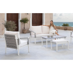 Salon de jardin sofa aluminium et corde – MERLOT-7+1 LUX – Finition blanc avec corde grise et plateau HPL Argenta – Coussins Lis - HEVEA