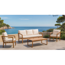 Salon de jardin sofa aluminium – PORTOFINO-8 LUX – Finition marron tropical – Coussins Liso blanc – 4 à 6 places de marque HEVEA, référence: J9462400