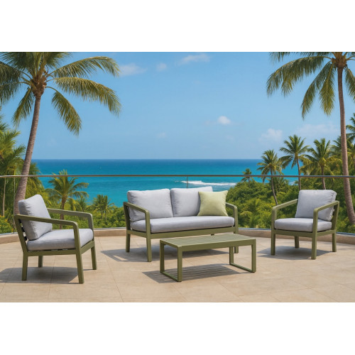 Salon de jardin sofa aluminium – PORTOFINO-7 LUX – Finition verte – Coussins Cloud gris clair – 4 à 5 places - HEVEA