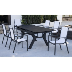 Salon à manger de jardin avec table extensible aluminium – SANTANIA-SIDNEY/6 – Finition anthracite – Assises textilène blanc – 6 de marque HEVEA, référence: J9462700